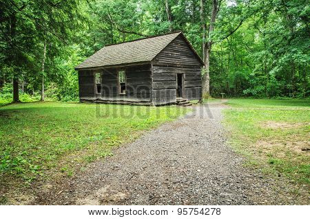 Great Smoky Mountain Schoolhouse. Historic one room school nestled in a valley of the Appalachian Mountains.
