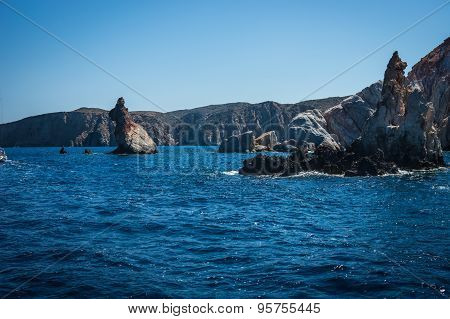 Picturesque Rocks Near Coast Of Island Milos, Greece