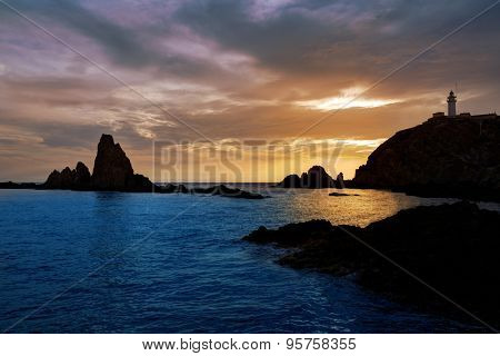 Almeria Cabo de Gata lighthouse sunset in Mediterranean sea of Spain