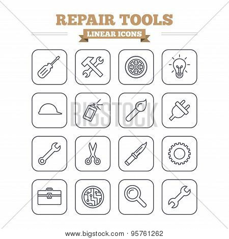 Repair tools linear icons set. Thin outline signs. Vector