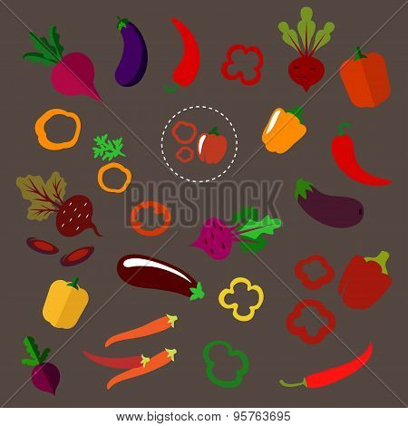 Flat beets, eggplants, chili and bell peppers