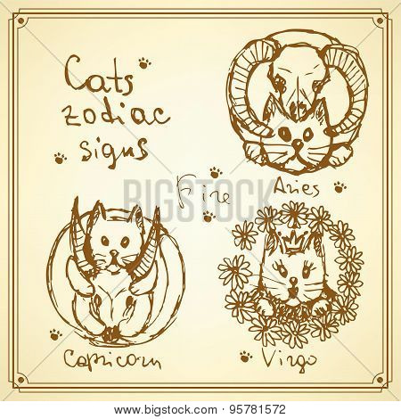 Sketch Cats Zodiac Signs In Vintage Style