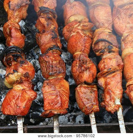 Shashlick laying on the grill closeup