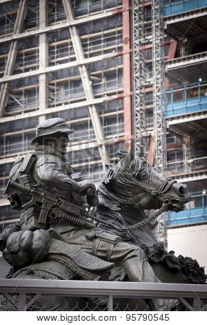 NEW YORK-FEB 2013: The bronze AmericaÃÂ¢Ã?Ã?s Response Monument, during construction in 2013 of the Freedom Tower at One World Trade Center. It was the first monument dedicated to the US Special Forces.