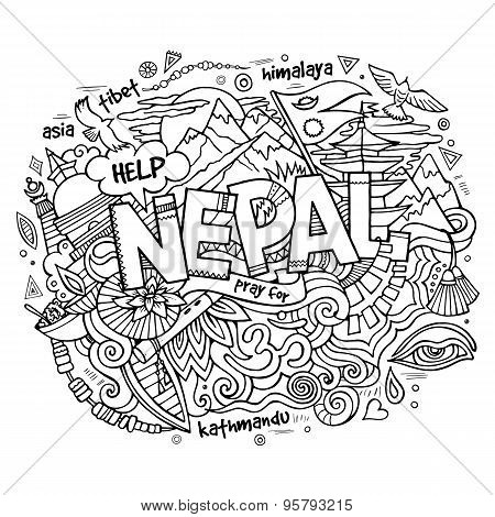 Nepal country hand lettering and doodles elements