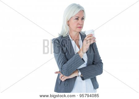 businesswoman holding a coffee on white background