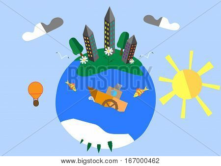 Green planet with a ship and fish