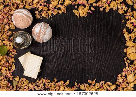 Spa bath cosmetic. Aromatherapy with natural soap and bath bomb. Hygiene and relaxation for body. Luxury therapy and care. Still life