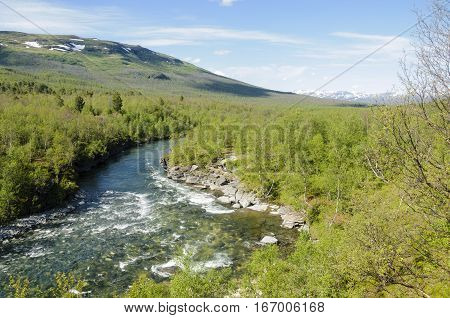 River flows through the wood in Abisko National Park Swedish Lapland Sweden Europe