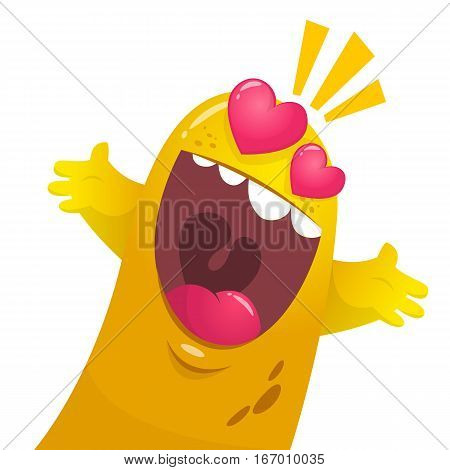 Cartoon yellow blob monster in love. St Valentines vector illustration of excited loving monster
