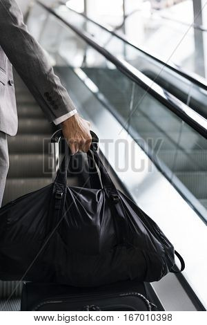 Businessmen Habds Hold Luggage Business Trip Escalator