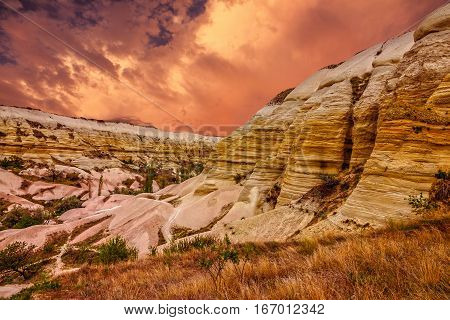 Cappadocia, Turkey. Sunset volcanic rock landscape, Goreme national park