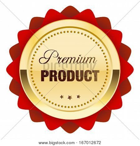 Premium product seal or icon. Glossy golden seal or button with stars and red color.
