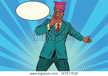 Politician man in a pussyhat campaigning. Retro pop art comic vector illustration. African American people
