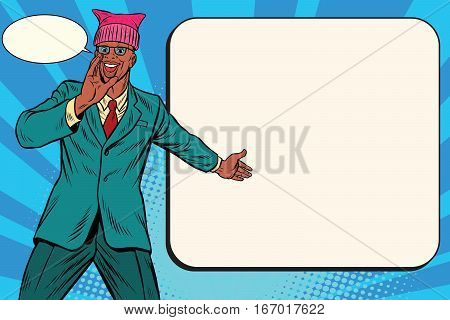 Politician man in a pussyhat campaigning. Retro pop art comic vector illustration. African American people