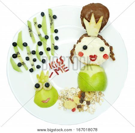 creative breakfast food with fruit and chocolate sweet cream on bread