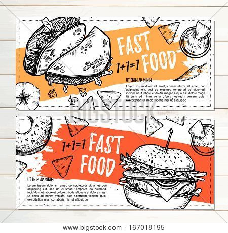 Hand Drawn Vector Illustration - Promotional Brochure With Fast Food. Gamburger, Donut, Takos And Na