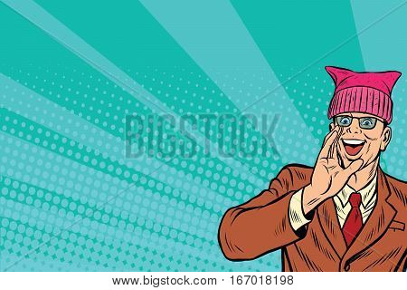 Politician man in a pussyhat campaigning. Retro pop art comic vector illustration