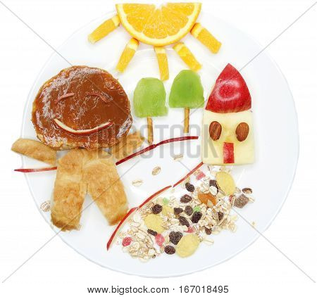 creative breakfast food with fruit and chocolate sweet cream on bread