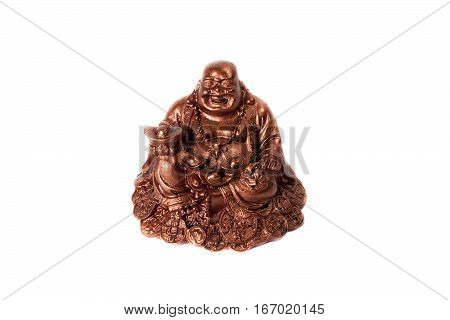 Statue laughing Buddha - Budai or Hotei. Cheerful monk isolated on white background.