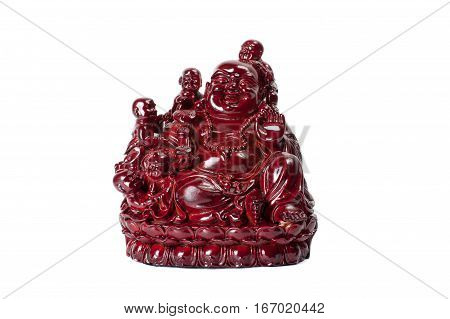 Statue laughing Buddha - Budai or Hotei. Cheerful monk with children isolated on white background.