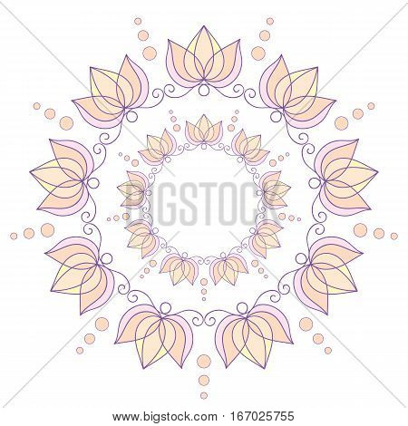 Purple-yellow circular frame with lotuses isolated on white background