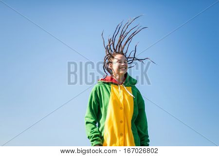 Dragon kigurumi on the blue sky, girl, portrait