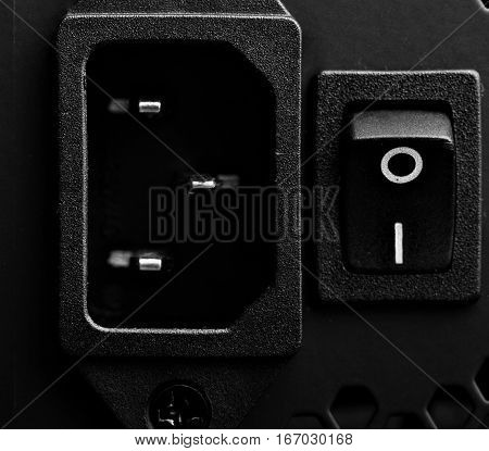 Power Supply Of A Modern Computer Button And Conector.closeup.selective Focus