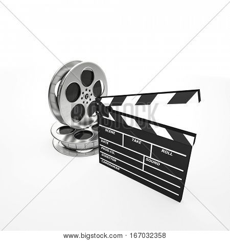 cinema concept clapboard and film roll 3d rendering image