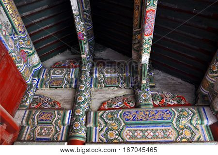 Colorful Paintings on the beam in the Shenyang Imperial Palace Mukden Palace, Shenyang, Liaoning Province, China. Shenyang Imperial Palace UNESCO world heritage site built in 400 years ago.