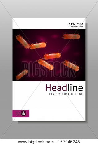 Orange 3d bacteria cell culture with flagellums under microscope. Biology Microbiology Science. Cover design A4 for books journals conferences medical reports banners. Vector.