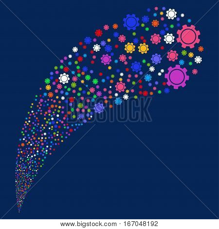 Gear random source stream. Vector illustration style is flat bright multicolored iconic symbols on a blue background. Object fountain done from symbols.