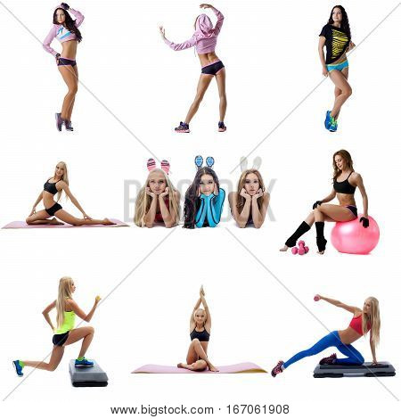 Young sexy women doing fitness running, jumping and posing in bunny ears and fitball collage