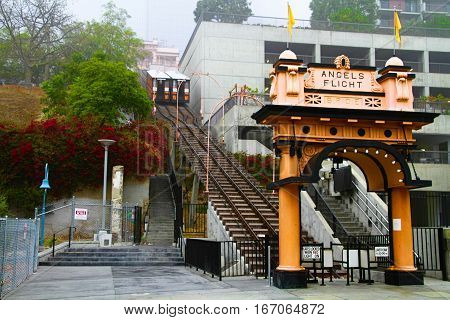 LOS ANGELES, CALIFORNIA-OCT 3, 2016: Entrance to the landmark Angels Flight in the Bunker Hill District, a car funicular railway system.