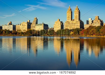 Upper West Side with view of Jacqueline Kennedy Onassis Reservoir and Central Park in Fall. Manhattan New York City