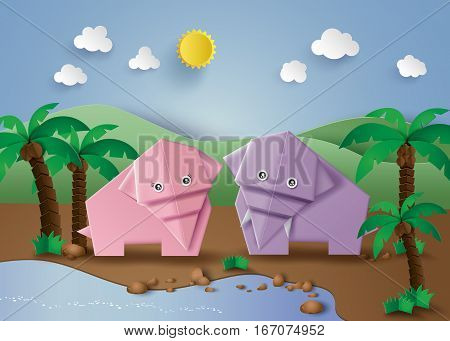 Origami made elephant in the jungle.pape art style.