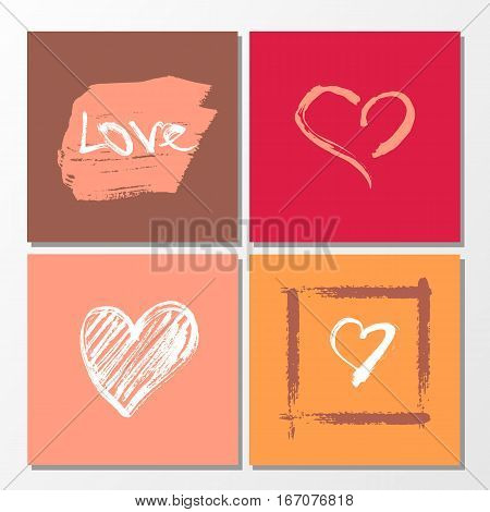 Vector Collection Of 4 Cute Valentines Card Templates. Hand Drawn Elements By Brush. Happy Valentine