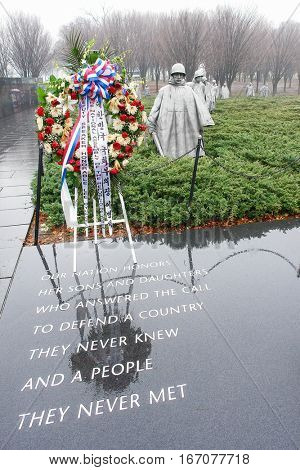WASHINGTON DC - JANUARY 10, 2014: Korean War Veterans Memorial located in National Mall in Washington DC. The Memorial commemorates those who served in the Korean War.