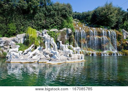 Caserta, Italy - March 9,2008:  The marble group of a fountain in the park of the Royal Palace