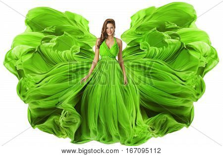 Fashion Model Waving Dress as Wings Woman in Green Gown Flowing Fabric Girl in Flying Cloth Isolated over White
