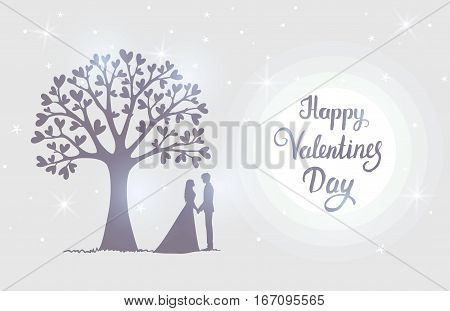 Romantic silhouette of loving couple under amazing tree with hearts in the moonlight. Valentines Day. Happy Lovers. Beautiful romantic card. Vector illustration