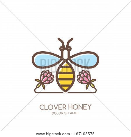 Outline Honeybee Vector Logo, Emblem Or Icon. Linear Bee And Clover Flowers Isolated On White Backgr