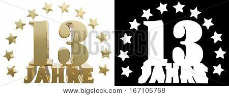 Golden digit thirteen and the word of the year decorated with stars. Translated from the German. 3D illustration
