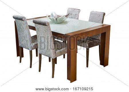 wooden dining table and chairs isolated on white background