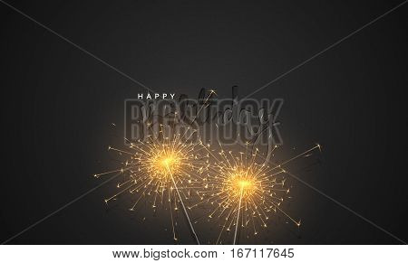 Happy Birthday black lettering with burning sparklers. Greeting card. Holiday background.