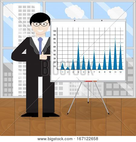 Presentation of report. Consultant leadership pointing toi chart. Vector illustration