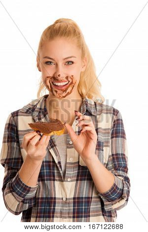 Young Blond Woman Eating Breakfast Bread And Nougat Spread Isolated Over White Background