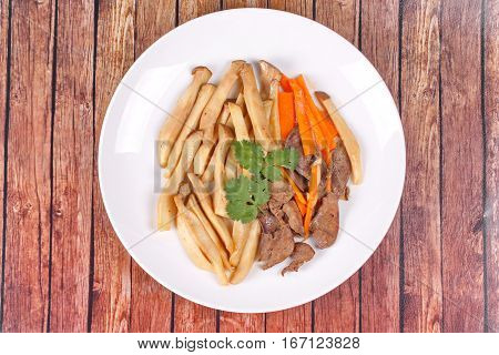 Fried Eryngii Mushroom With Pork Liver And Carrot.