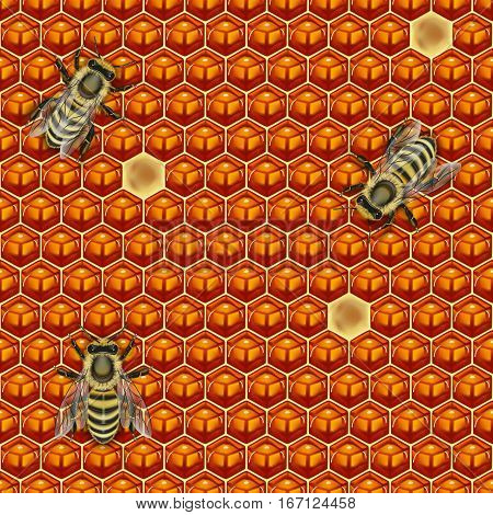 This yummy tileable pattern of brown hexagonal honeycomb and bees 3D illustration can be used for wallpapers, fabric, gift wrapping paper, cards, web design, business cards, promotional banners and so on!