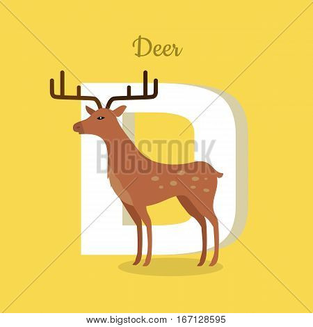 Animal alphabet vector concept. Flat style. Zoo ABC with wild animal. Fallow-deer standing on yellow background, letter D behind. Educational glossary. For children s books, textbooks illustrating